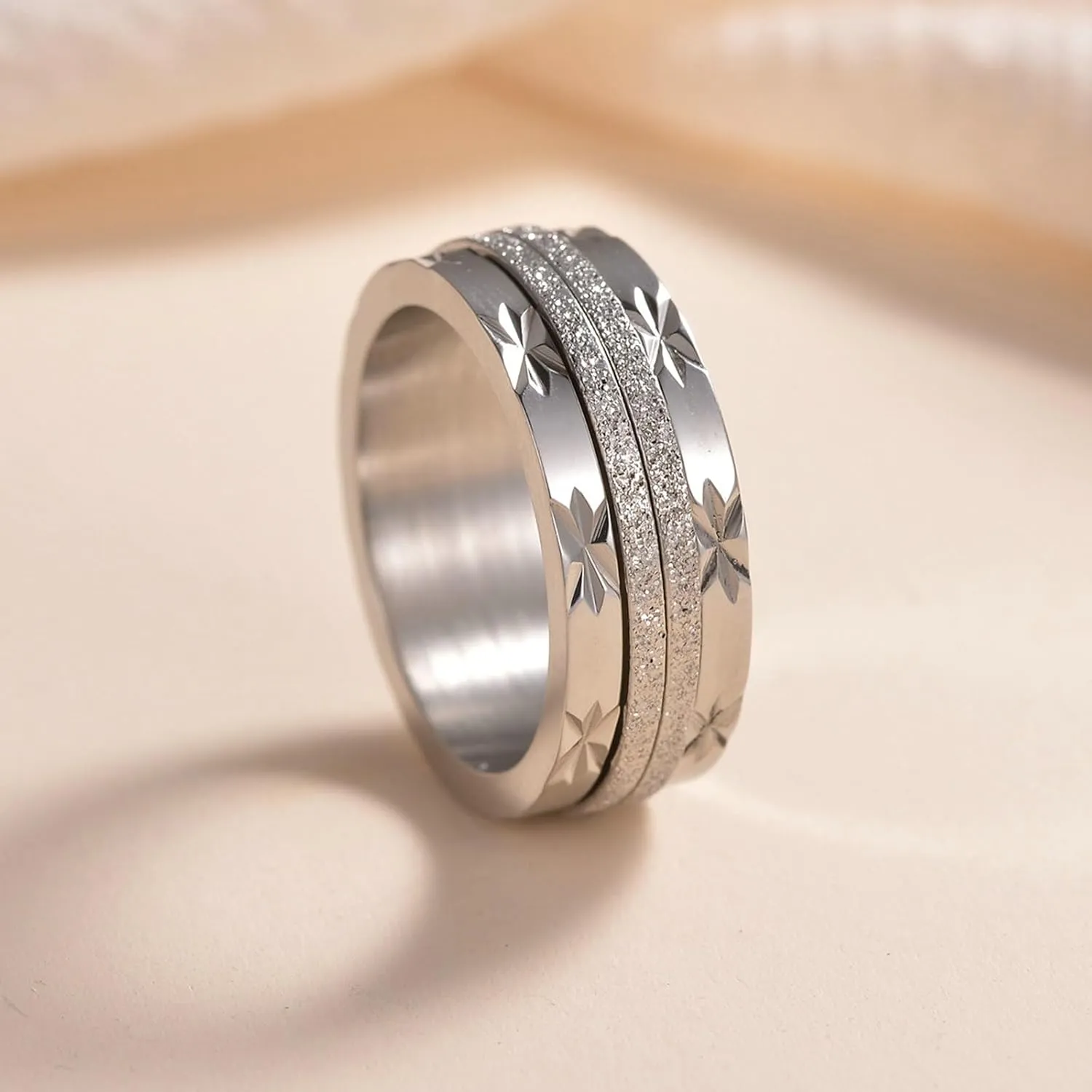 Gualiy Engraved Rings Stainless Steel, Engagement and Wedding Rings 8mm Spinner Ring with Sand Surface Rings Size 7-12
