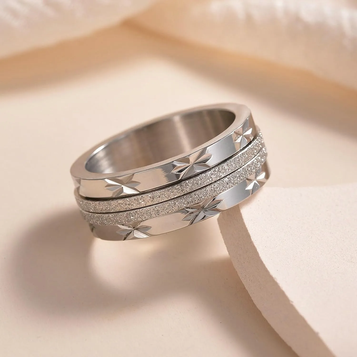 Gualiy Engraved Rings Stainless Steel, Engagement and Wedding Rings 8mm Spinner Ring with Sand Surface Rings Size 7-12