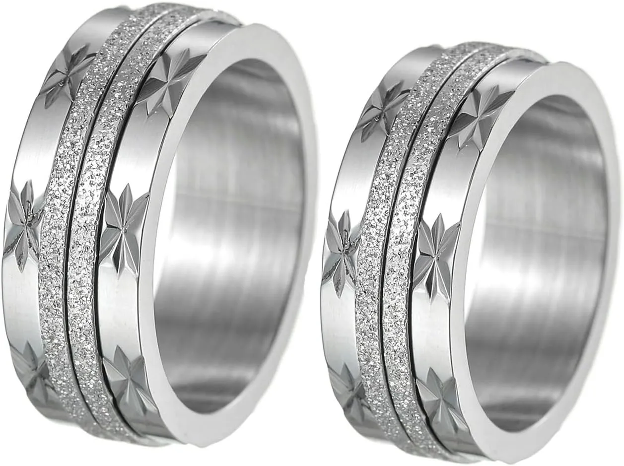 Gualiy Engraved Rings Stainless Steel, Engagement and Wedding Rings 8mm Spinner Ring with Sand Surface Rings Size 7-12