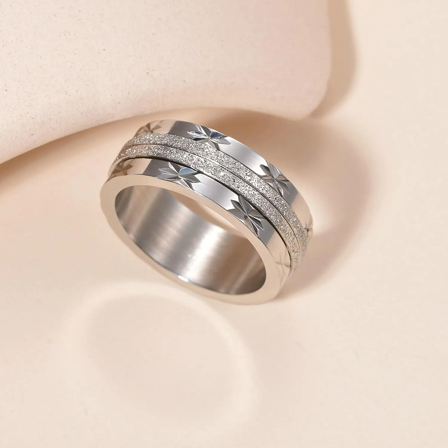 Gualiy Engraved Rings Stainless Steel, Engagement and Wedding Rings 8mm Spinner Ring with Sand Surface Rings Size 7-12