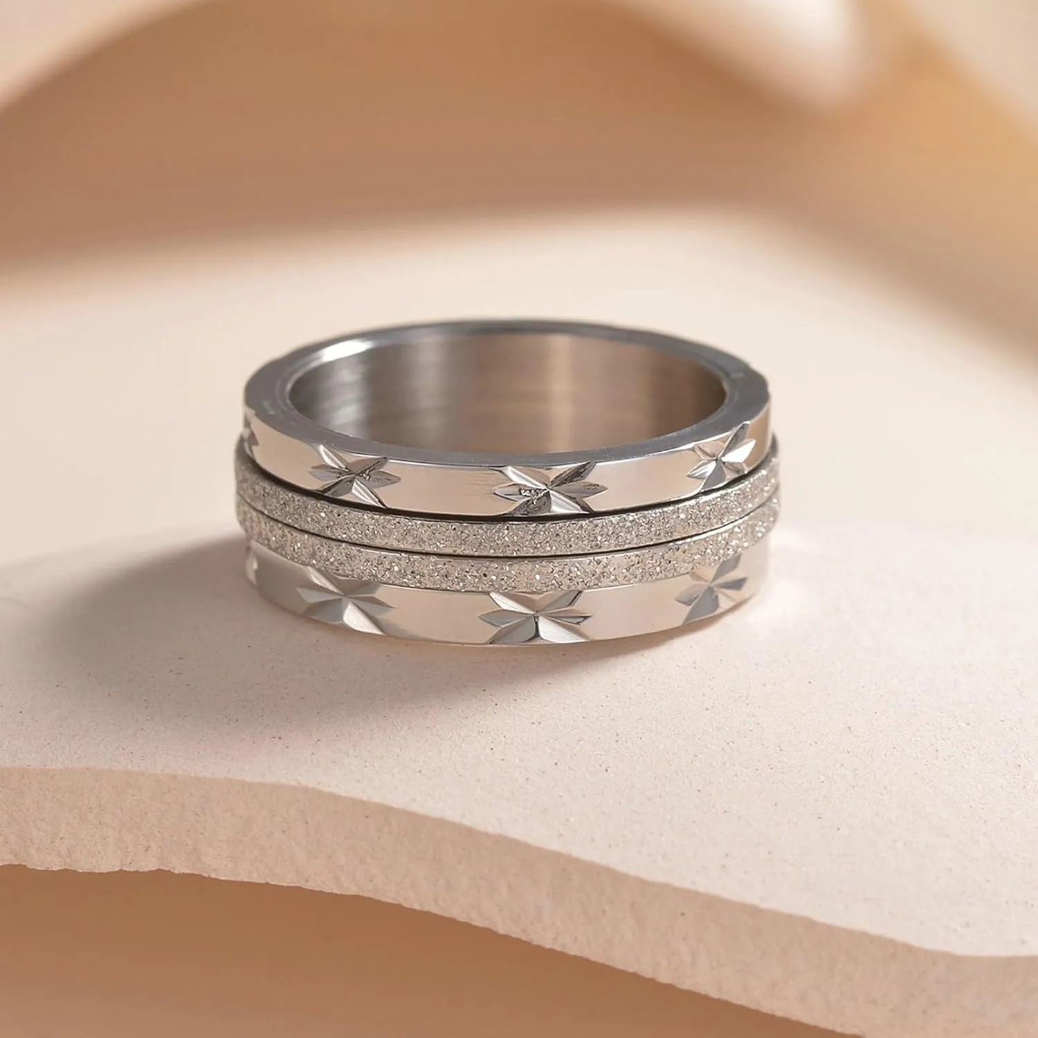 Gualiy Engraved Rings Stainless Steel, Engagement and Wedding Rings 8mm Spinner Ring with Sand Surface Rings Size 7-12