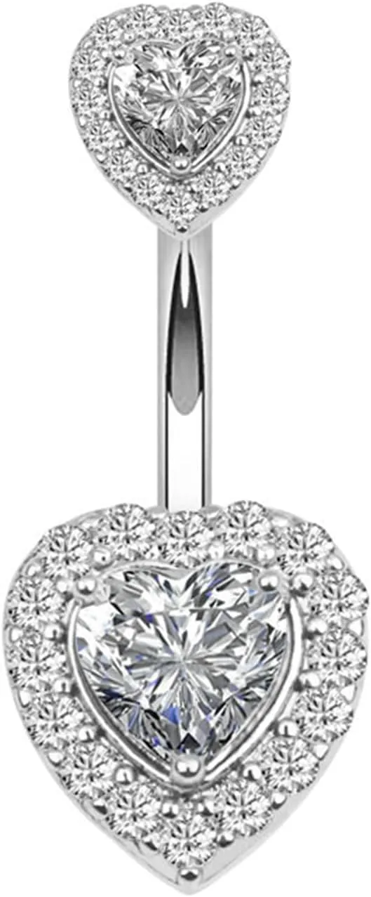 Gualiy Surgical Steel Belly Button Rings Dangling Heart Shaped with White Cubic Zirconia Belly Rings Jewelry