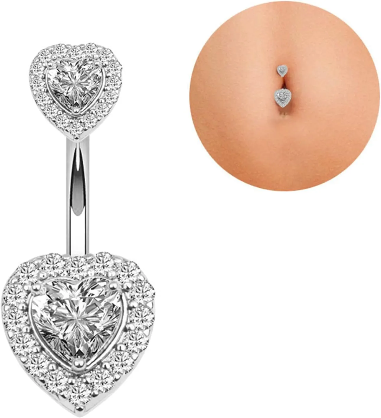 Gualiy Surgical Steel Belly Button Rings Dangling Heart Shaped with White Cubic Zirconia Belly Rings Jewelry