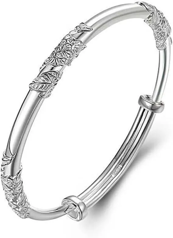 GUIYOUCHEN Sterling Silver Bangle Bracelets, Simple Fashion Flower Bangle, Adjustable Flower Open Bracelet for for Women Mom Wife Valentine Mothers Day Gift Silver Bracelets