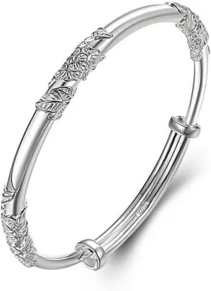 GUIYOUCHEN Sterling Silver Bangle Bracelets, Simple Fashion Flower Bangle, Adjustable Flower Open Bracelet for for Women Mom Wife Valentine Mothers Day Gift Silver Bracelets