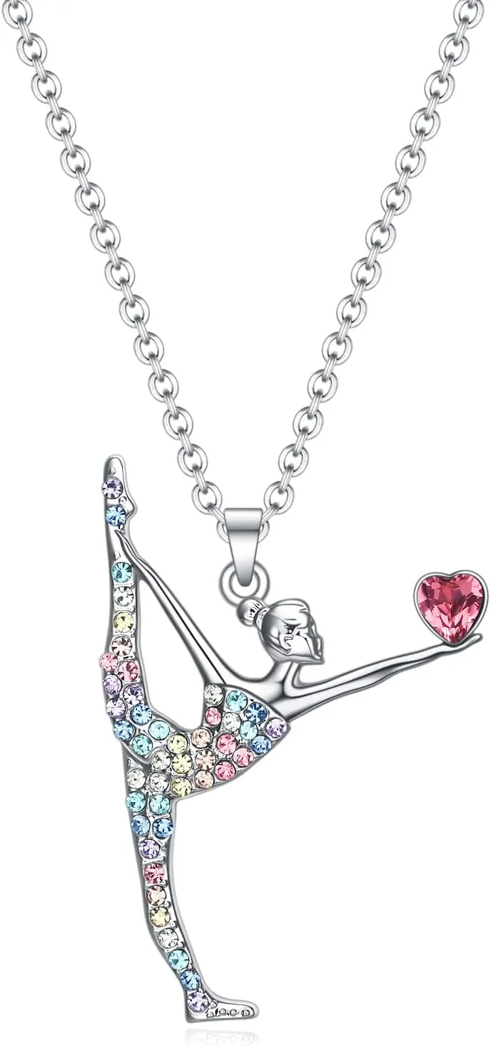 Gymnastics Gifts for Girls,Bling Rainbow Gymnast Necklace,Team USA Gymnastics Girl Jewelry Pendant,Sport Gymnastics Birthday Gifts for Girl Daugnter