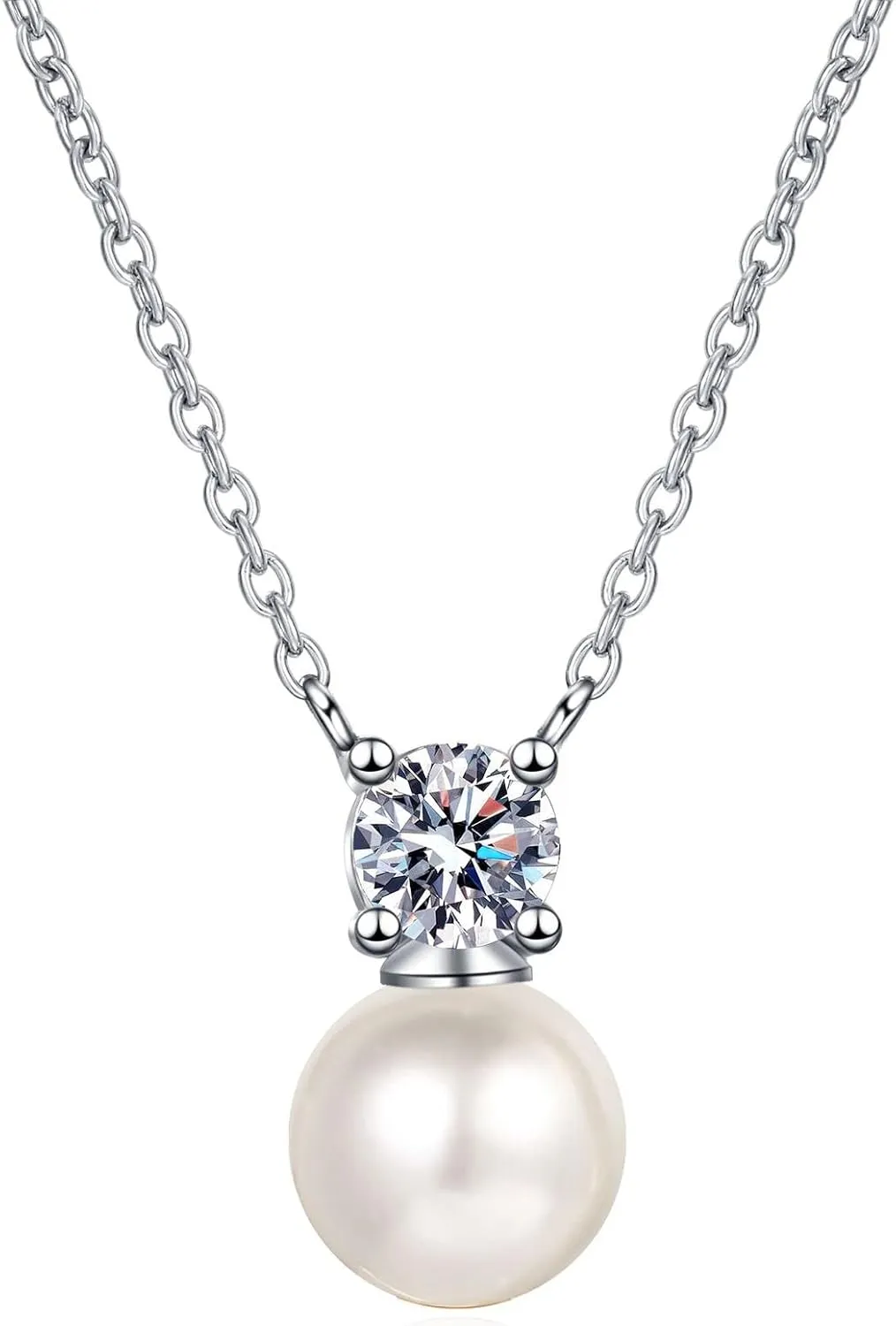 Half Carat Diamond and 8mm Natural Pearl Collarbone Necklace, Premium Quality Platinum, Elegantly Flawless Necklace for Women