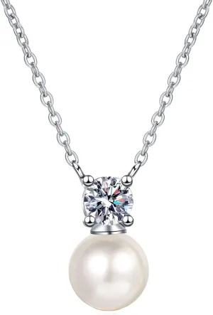 Half Carat Diamond and 8mm Natural Pearl Collarbone Necklace, Premium Quality Platinum, Elegantly Flawless Necklace for Women
