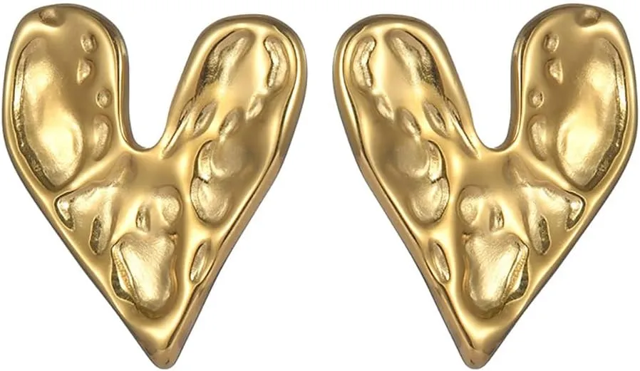 Hammered Heart Stud Earrings for Women 14K Gold Plated Stainless Steel Love Heart Minimalist Studs Earrings Hypoallergenic Ear Jewelry