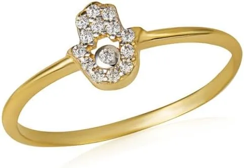 Hamsa Hand Protection CZ Fine Ring Real Solid Gold