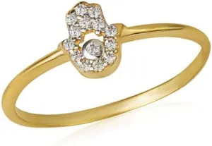 Hamsa Hand Protection CZ Fine Ring Real Solid Gold