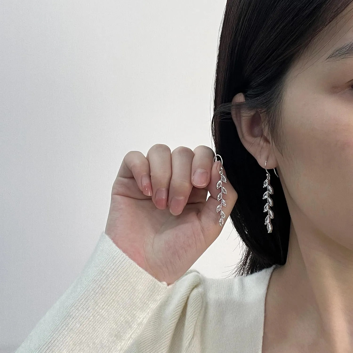 Handmade 925 Sterling Silver Leaf Dangling Earrings Crystal Wedding Dangle Earrings for Brides Bridesmaid Gift