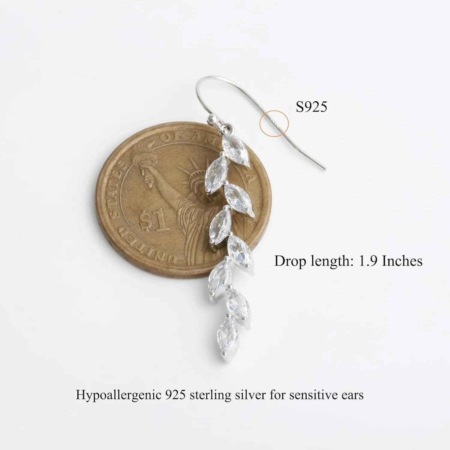 Handmade 925 Sterling Silver Leaf Dangling Earrings Crystal Wedding Dangle Earrings for Brides Bridesmaid Gift