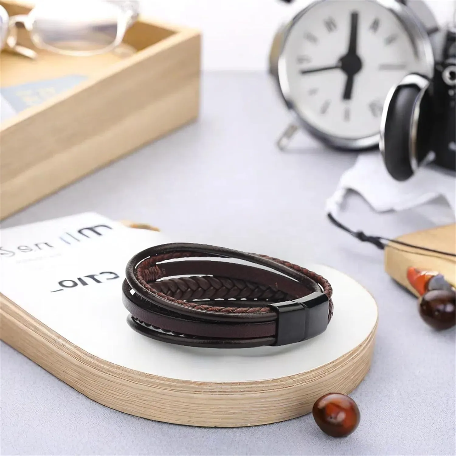 Handmade Braided Leather Stainless Steel Bracelets Punk Wristband Strand Bracelets Multi-Layer Bangle Bracelet for Men
