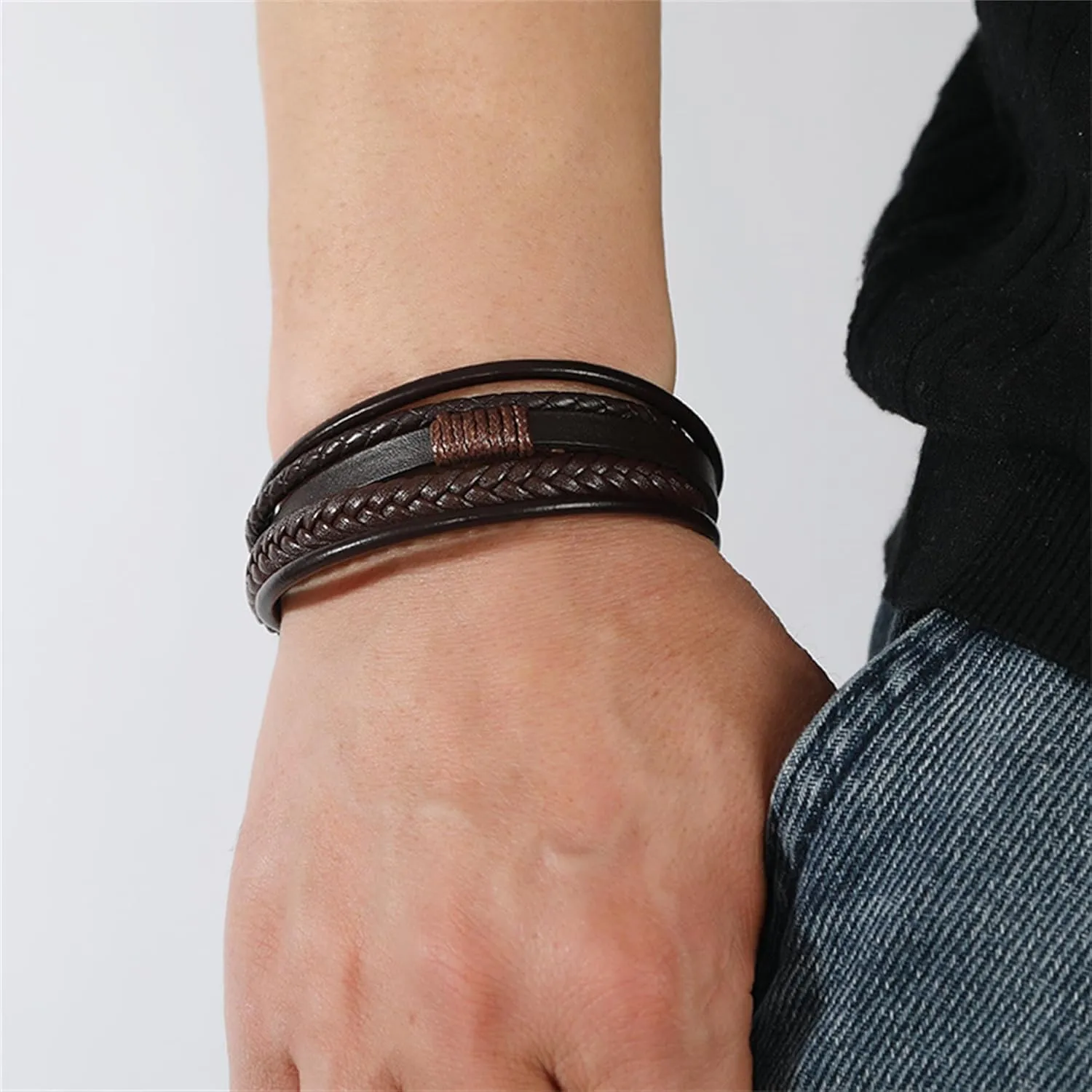 Handmade Braided Leather Stainless Steel Bracelets Punk Wristband Strand Bracelets Multi-Layer Bangle Bracelet for Men