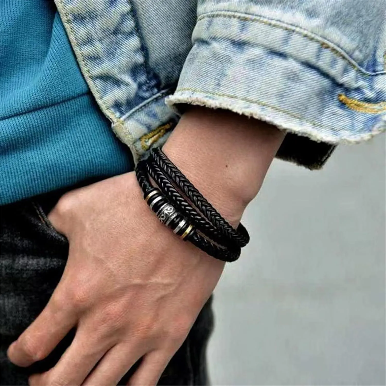 Handmade Braided Leather Stainless Steel Bracelets Punk Wristband Strand Bracelets Multi-Layer Bangle Bracelet for Men