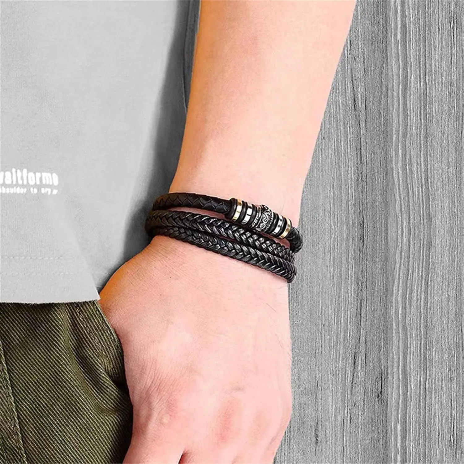 Handmade Braided Leather Stainless Steel Bracelets Punk Wristband Strand Bracelets Multi-Layer Bangle Bracelet for Men