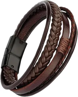 Handmade Braided Leather Stainless Steel Bracelets Punk Wristband Strand Bracelets Multi-Layer Bangle Bracelet for Men
