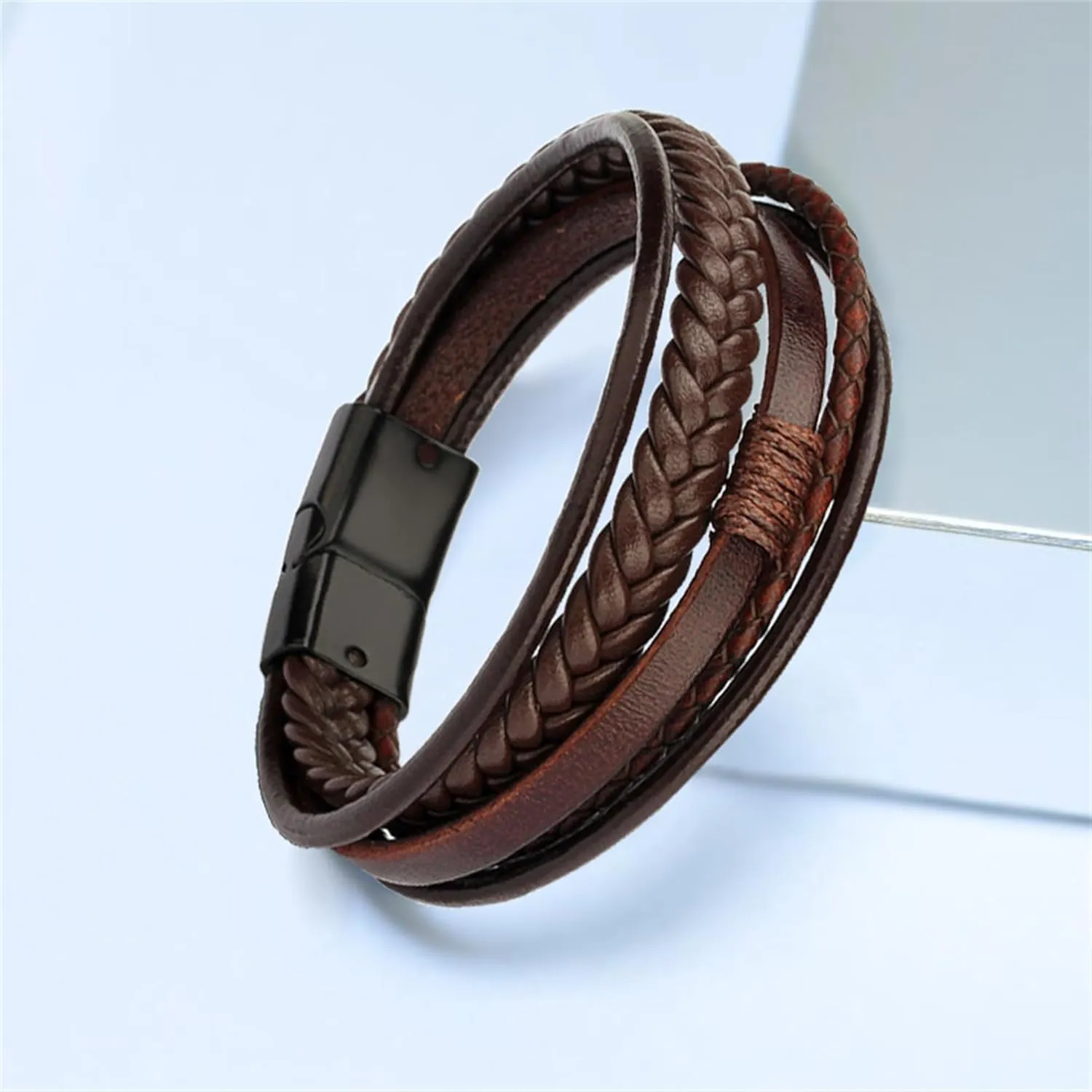 Handmade Braided Leather Stainless Steel Bracelets Punk Wristband Strand Bracelets Multi-Layer Bangle Bracelet for Men