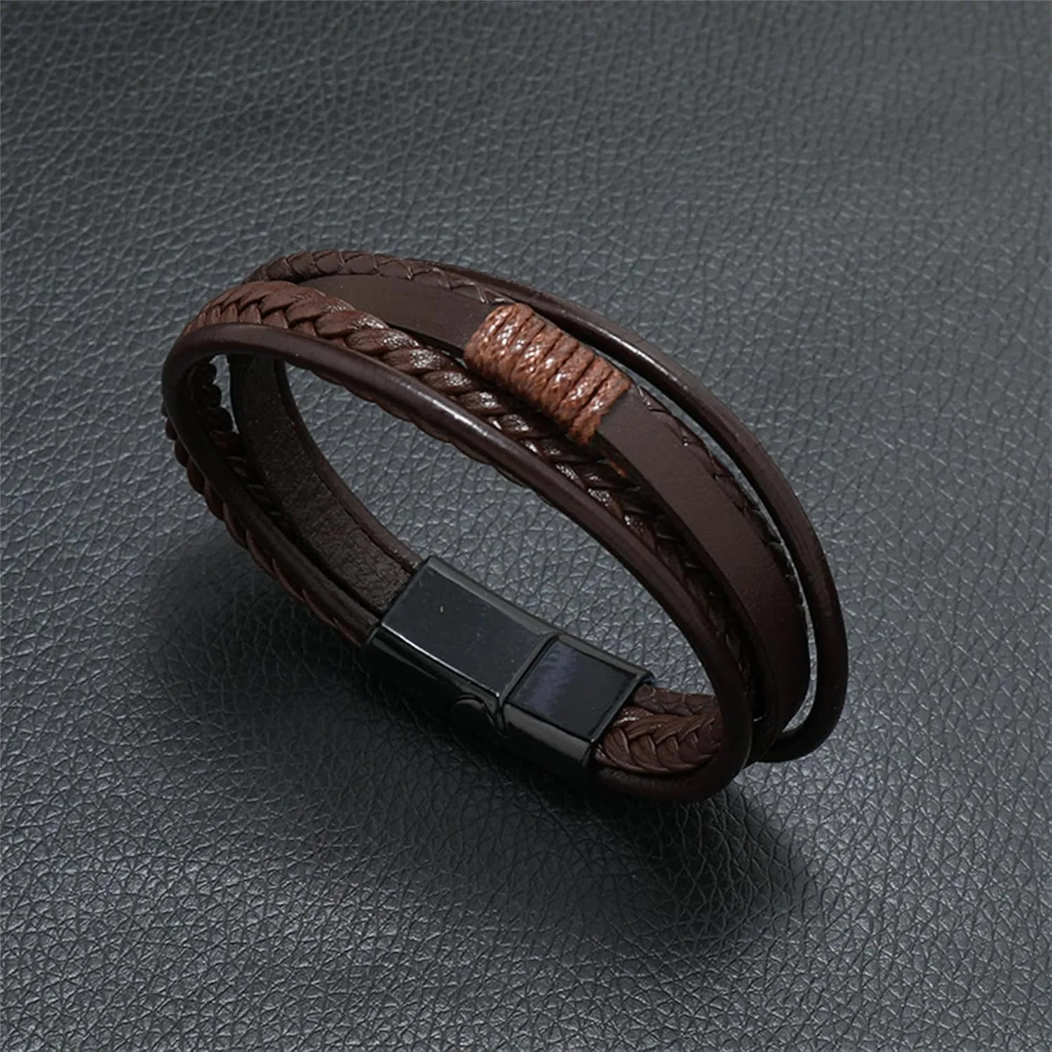 Handmade Braided Leather Stainless Steel Bracelets Punk Wristband Strand Bracelets Multi-Layer Bangle Bracelet for Men
