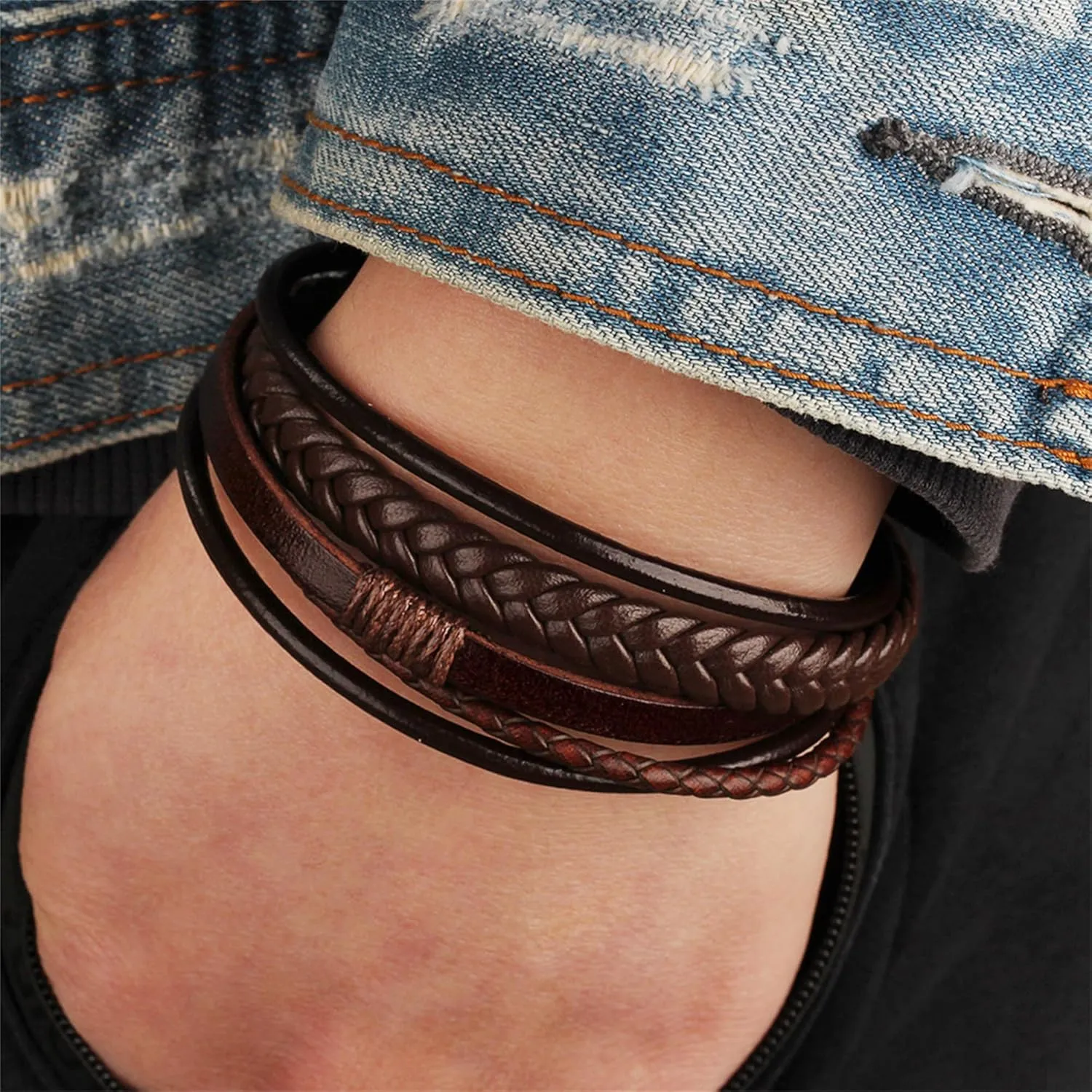 Handmade Braided Leather Stainless Steel Bracelets Punk Wristband Strand Bracelets Multi-Layer Bangle Bracelet for Men