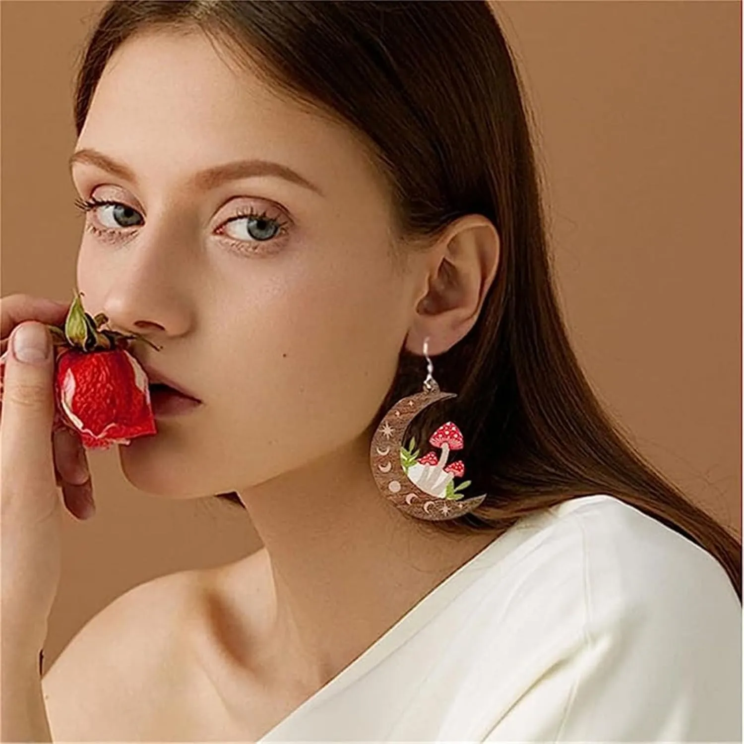 Handmade Mushroom Earrings for Women Unique Colorful Lightweight Wooden Sun Moon Star Cat Frog Mushroom Dangle Drop Statement Earrings Cute Funny Holiday Jewelry Gifts