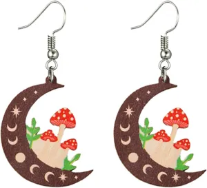 Handmade Mushroom Earrings for Women Unique Colorful Lightweight Wooden Sun Moon Star Cat Frog Mushroom Dangle Drop Statement Earrings Cute Funny Holiday Jewelry Gifts