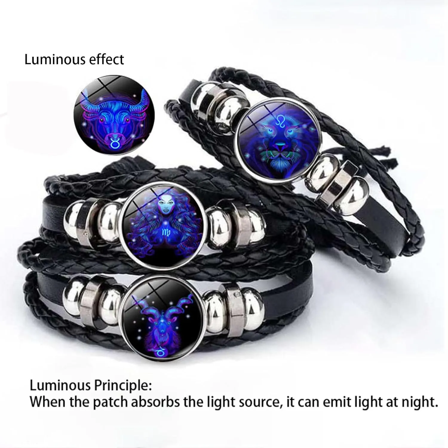 Handmade Woven Zodiac Sign Wrap Bracelet Constellation Zodiac Leather Black Bracelets Wristband for Women Men