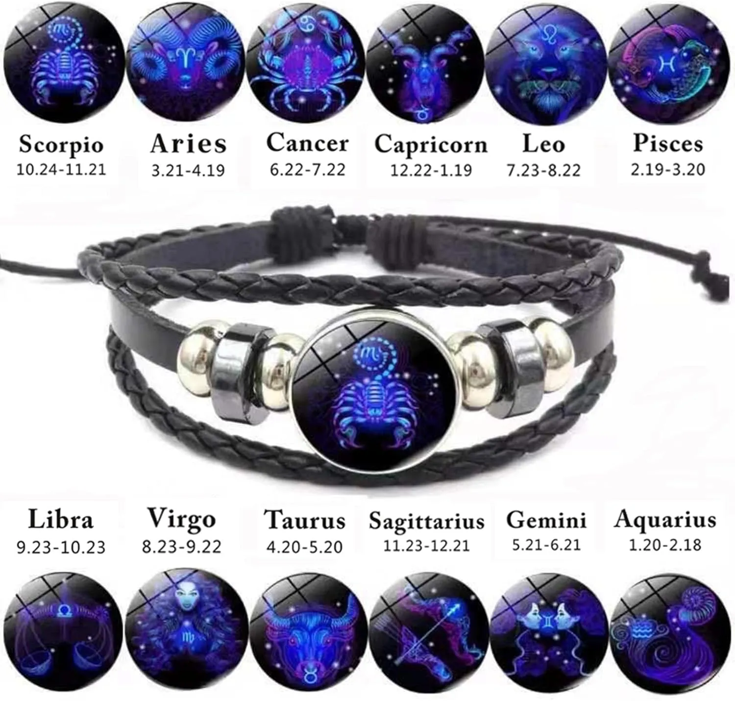 Handmade Woven Zodiac Sign Wrap Bracelet Constellation Zodiac Leather Black Bracelets Wristband for Women Men