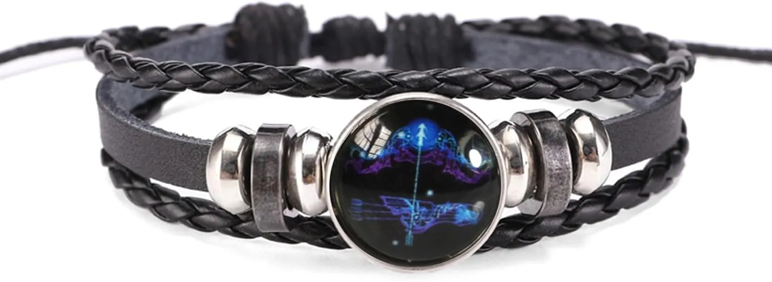 Handmade Woven Zodiac Sign Wrap Bracelet Constellation Zodiac Leather Black Bracelets Wristband for Women Men