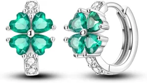 Hapour 925 Sterling Silver Hoop Earrings for Women Teen Hypoallergenic Fashion Dainty Green Cubic Zirconia Clover Huggie Small Jewelry Set