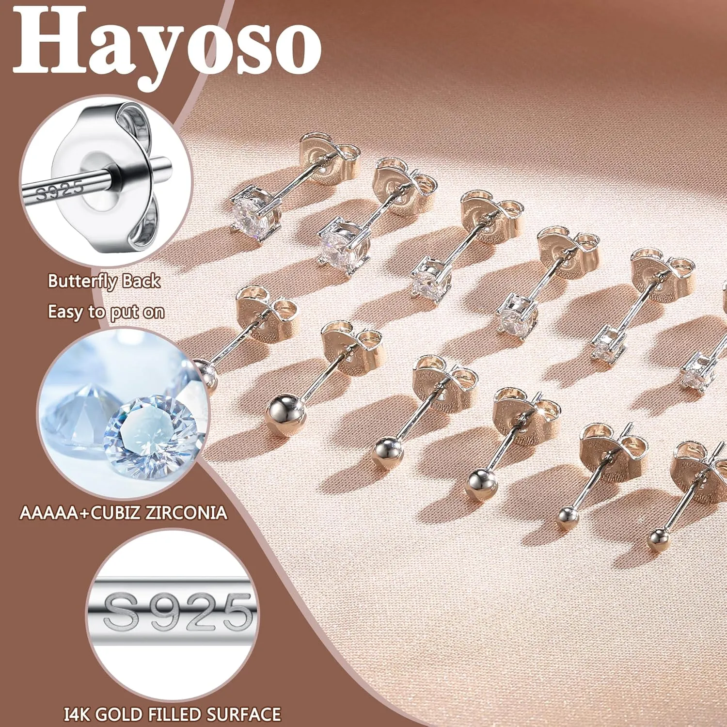Hayoso 6 Pairs Sterling Silver Stud Earrings for Women, Cubic Zirconia Stud Earrings, Tiny Ball Stud Hypoallergenic Earrings, Small Tragus Cartilage Earrings Set for Men 2mm,3mm,4mm