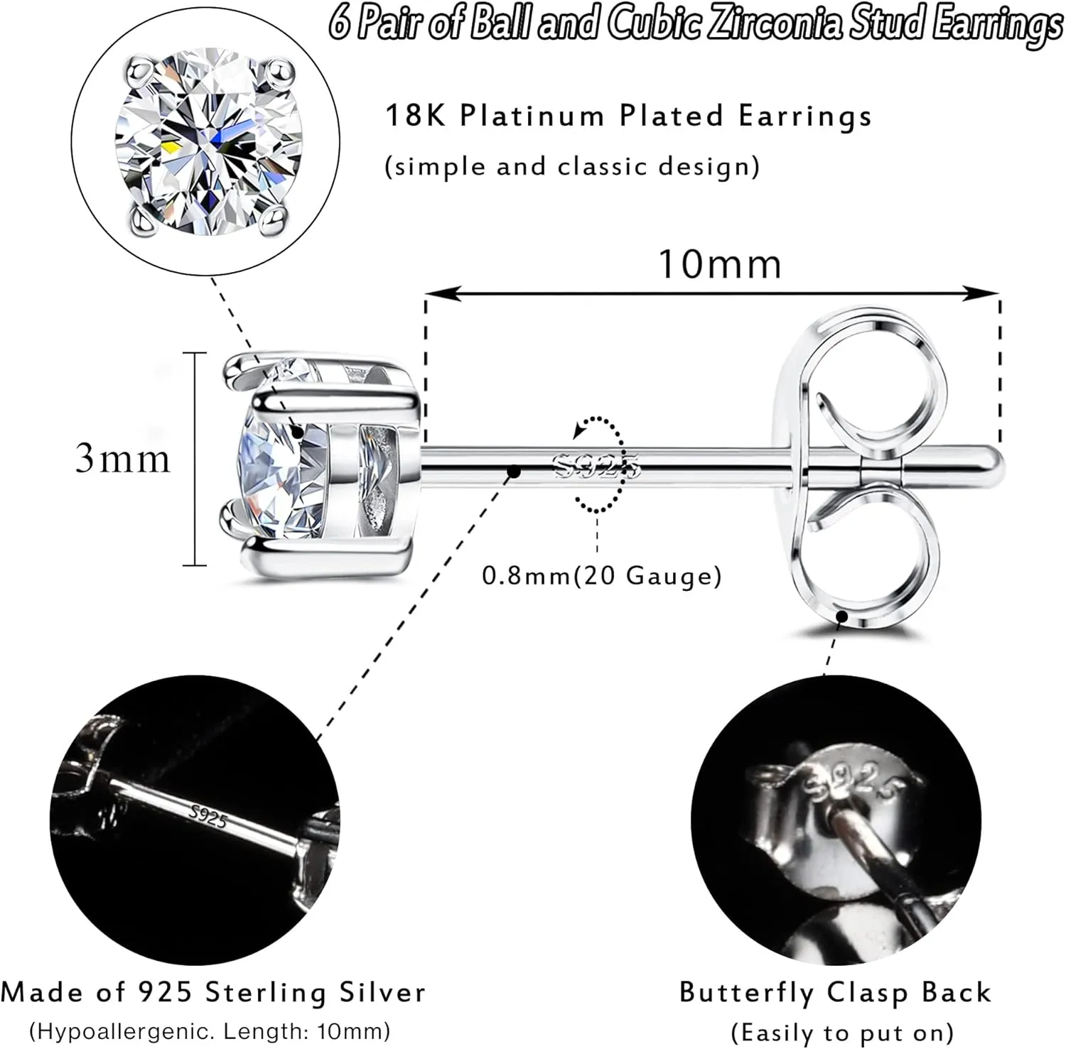 Hayoso 6 Pairs Sterling Silver Stud Earrings for Women, Cubic Zirconia Stud Earrings, Tiny Ball Stud Hypoallergenic Earrings, Small Tragus Cartilage Earrings Set for Men 2mm,3mm,4mm