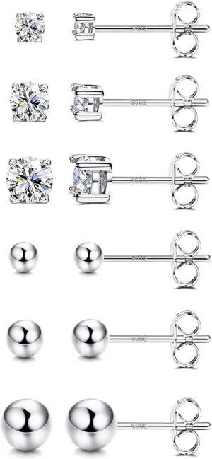 Hayoso 6 Pairs Sterling Silver Stud Earrings for Women, Cubic Zirconia Stud Earrings, Tiny Ball Stud Hypoallergenic Earrings, Small Tragus Cartilage Earrings Set for Men 2mm,3mm,4mm