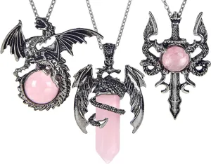 Healing Crystal Dragon Necklace for Men Women Vintage Cool Natural Reiki Stone Pendant Necklaces Set Retro Energy Spiritual Jewelry