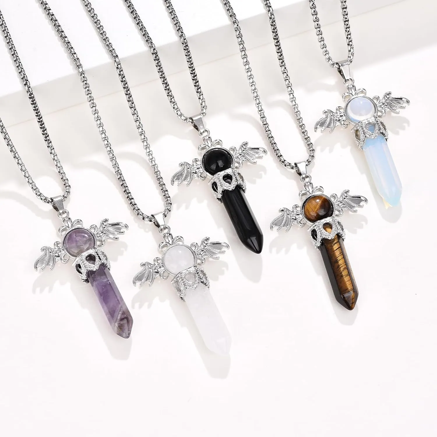 Healing Crystal Necklace for Womens Pendant Necklace Angel Wings Necklaces Birthstone Jewelry Gemstone Women Men Bullet Gothic Cross Pendant with Gifts Box