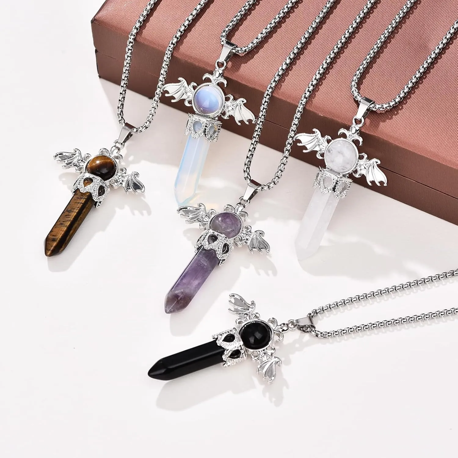 Healing Crystal Necklace for Womens Pendant Necklace Angel Wings Necklaces Birthstone Jewelry Gemstone Women Men Bullet Gothic Cross Pendant with Gifts Box
