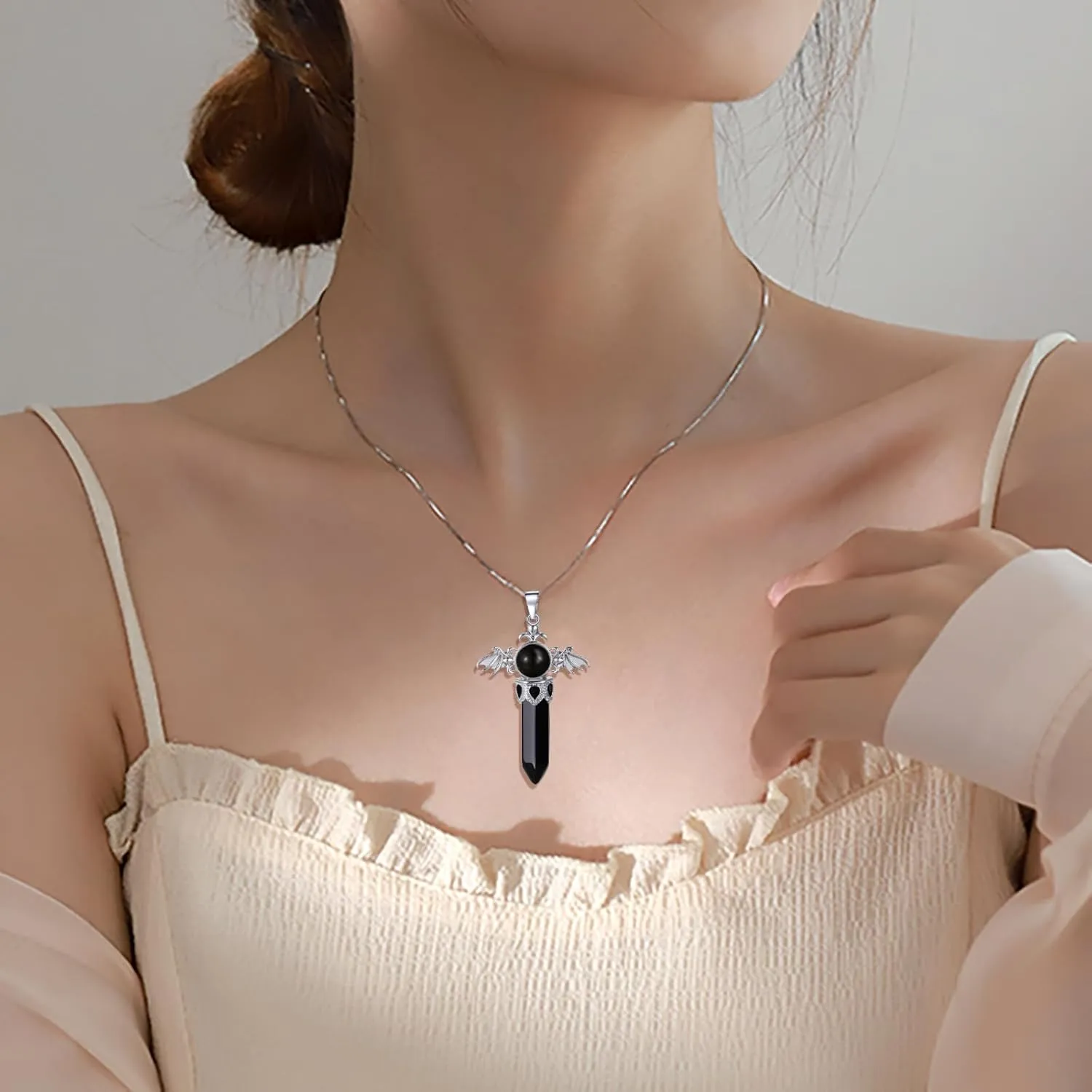 Healing Crystal Necklace for Womens Pendant Necklace Angel Wings Necklaces Birthstone Jewelry Gemstone Women Men Bullet Gothic Cross Pendant with Gifts Box