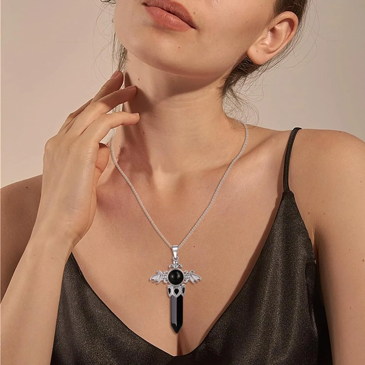 Healing Crystal Necklace for Womens Pendant Necklace Angel Wings Necklaces Birthstone Jewelry Gemstone Women Men Bullet Gothic Cross Pendant with Gifts Box