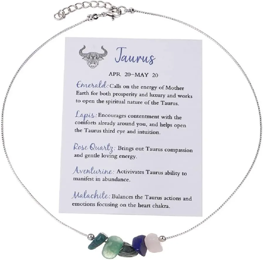 Healing Crystal Zodiac Necklace for Women Natural Stone Chakra Zodiac Sign Choker Necklaces 12 Constellation Raw Crystal Horoscope Astrology Birthday Jewelry Gifts