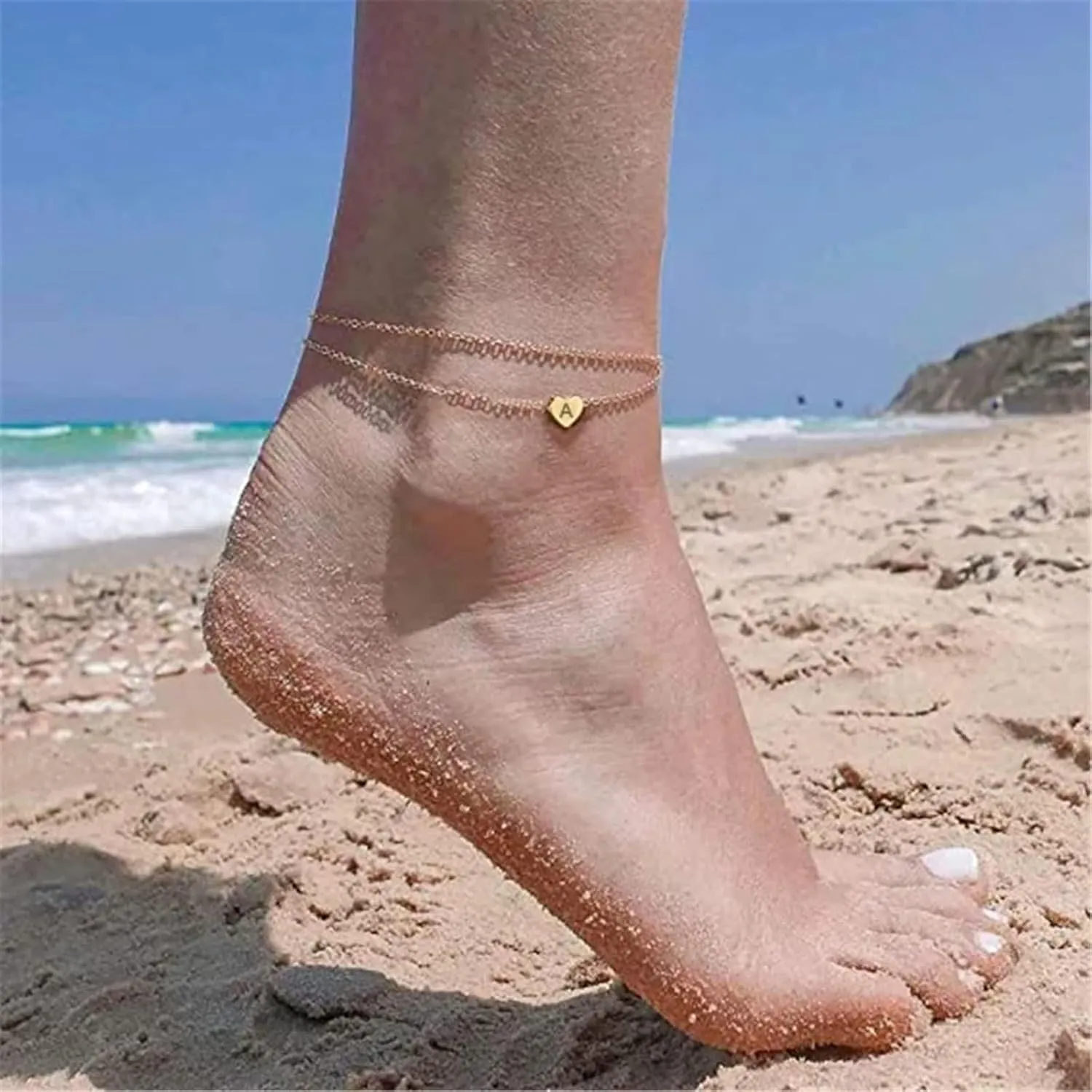 Heart Anklets for Women, Boho Jewelry Anklet Stainless Steel Double Chain Gold Foot Accessories Beach Summer