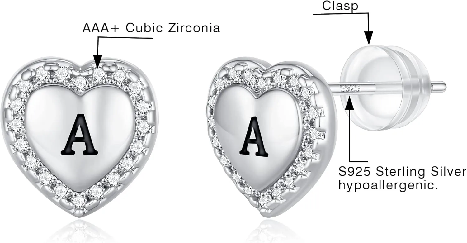 Heart Earrings for Girls Kids, 925 Sterling Silver Post Hypoallergenic Girls Earrings CZ Letter Earrings for Teen Girls Initial Earrings for Little Girls Kids Toddler Christmas Gifts