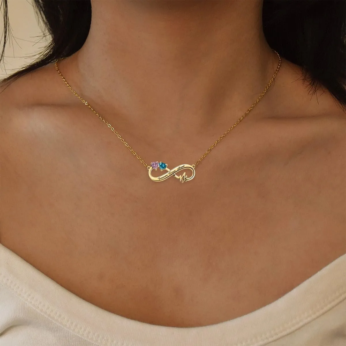Heartbeat Infinity Personalized Birthstone Necklace, Gift For Couple Personalized Names Necklace Custom Birthday Jewelry Gift for Her Girlfriend Wife Personalized Two Birthstone Couple Necklace