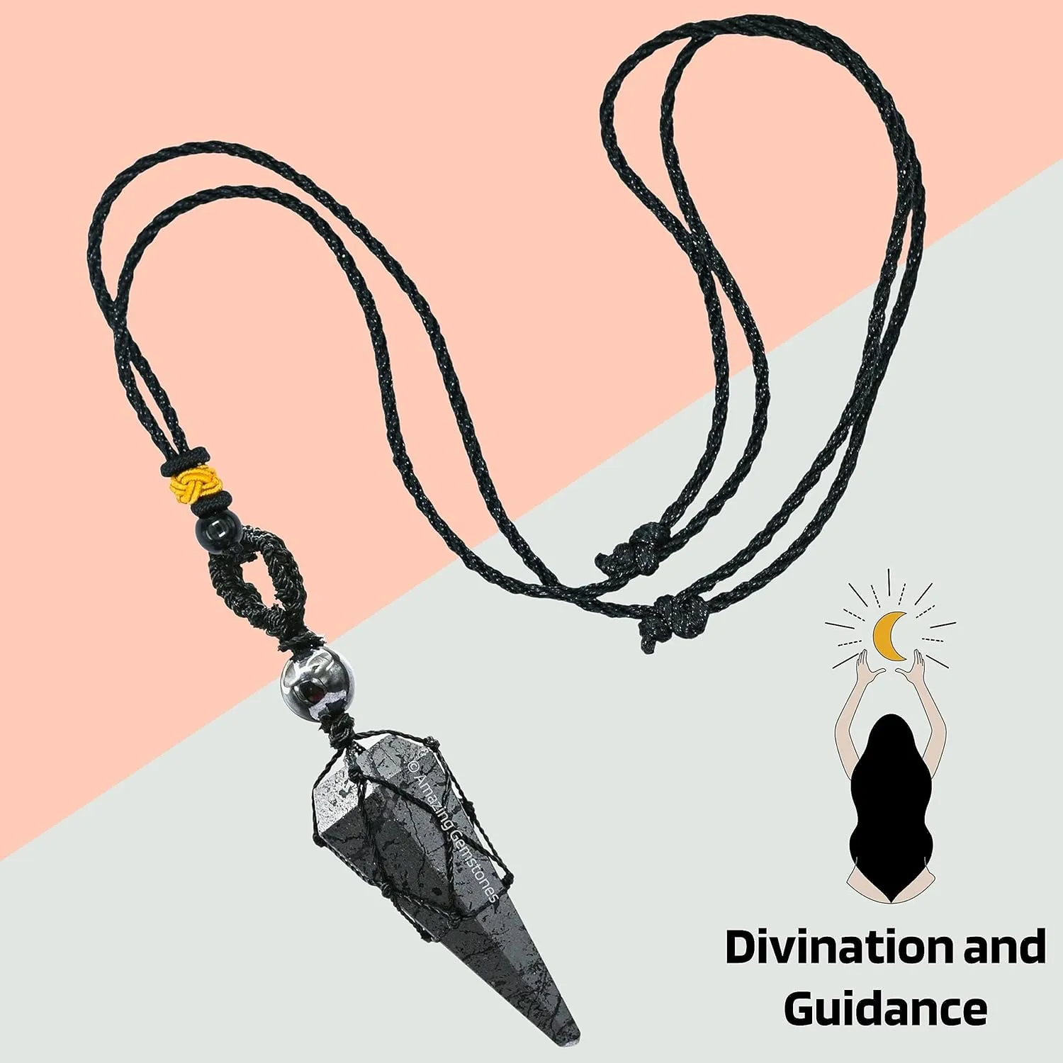 Hematite Crystal Jewelry for Men : Elegant and Stylish Men Jewelry, Unique Women Men Necklace with Hematite Crystal Stone Holder Necklace Pendulum (Black Macrame)