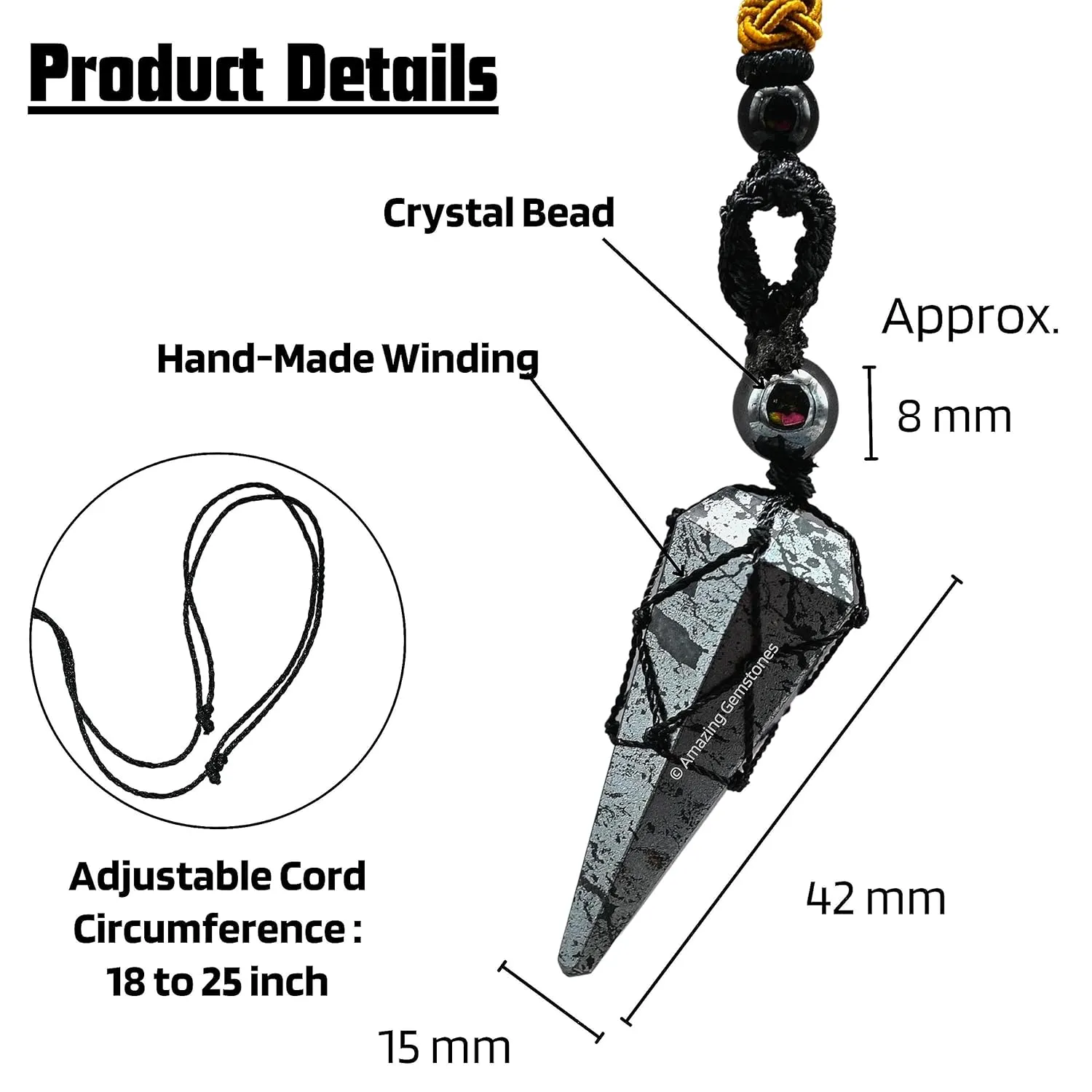 Hematite Crystal Jewelry for Men : Elegant and Stylish Men Jewelry, Unique Women Men Necklace with Hematite Crystal Stone Holder Necklace Pendulum (Black Macrame)