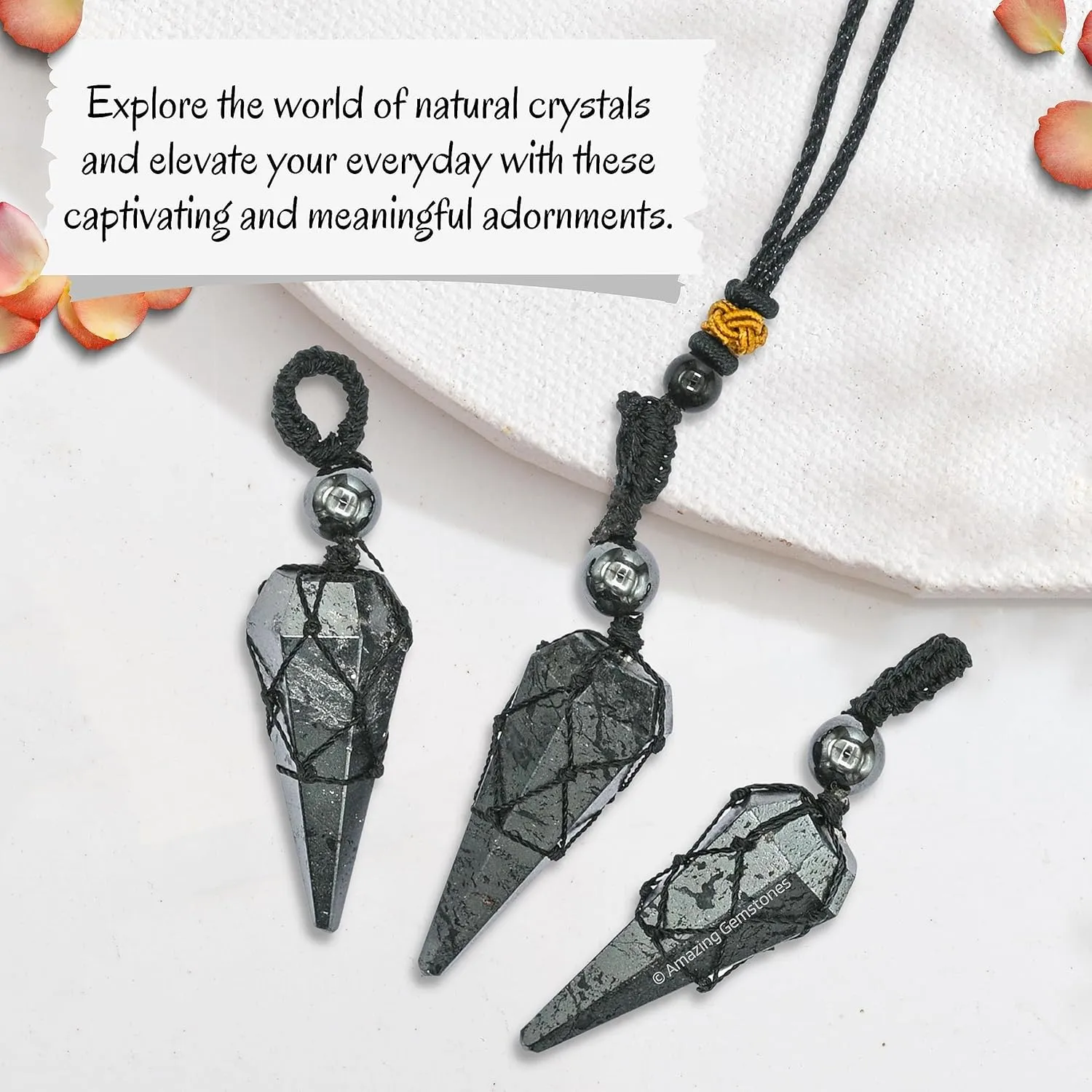 Hematite Crystal Jewelry for Men : Elegant and Stylish Men Jewelry, Unique Women Men Necklace with Hematite Crystal Stone Holder Necklace Pendulum (Black Macrame)
