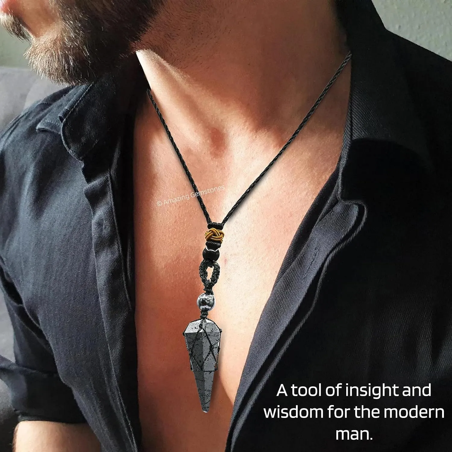 Hematite Crystal Jewelry for Men : Elegant and Stylish Men Jewelry, Unique Women Men Necklace with Hematite Crystal Stone Holder Necklace Pendulum (Black Macrame)