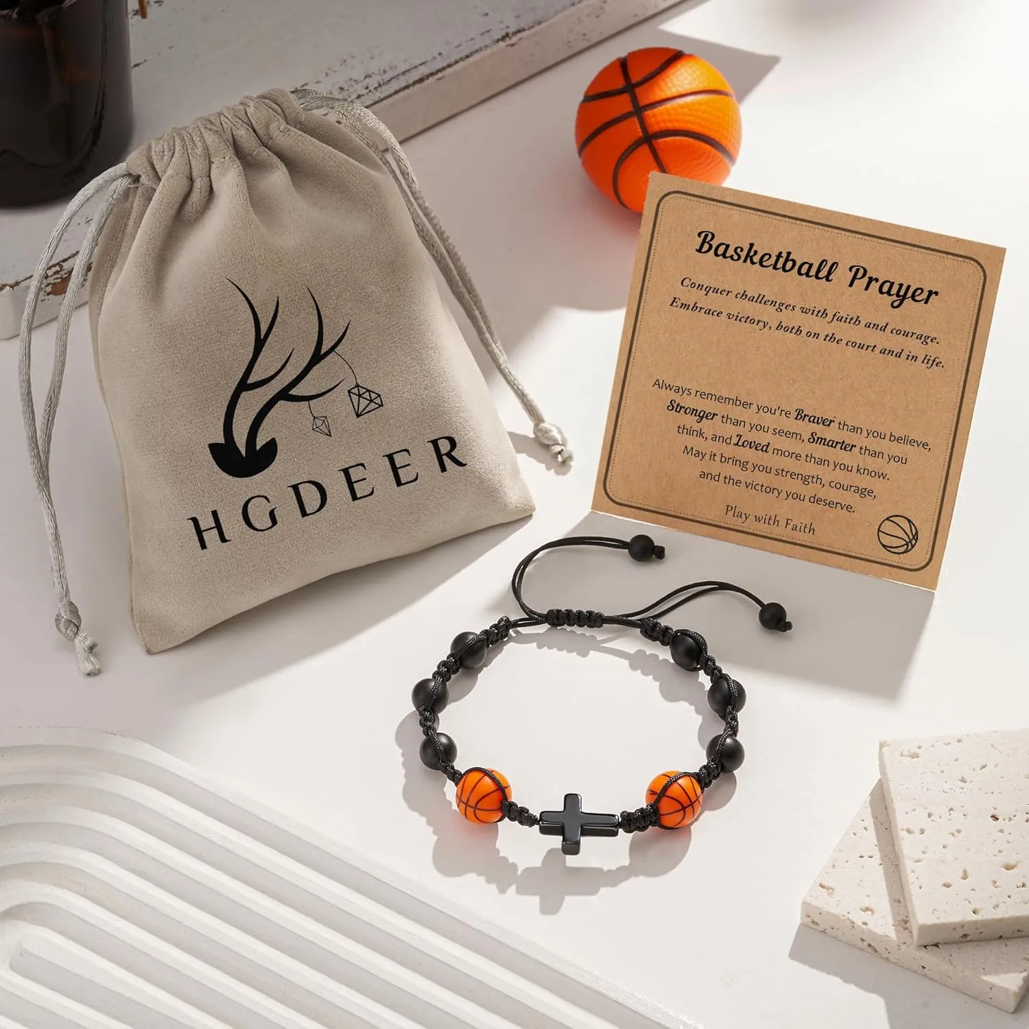 HGDEER Baseball Basketball Football Soccer Volleyball Gifts, Natural Stone Baseball Cross Bracelets for Teen Ideas with Message Gift Card