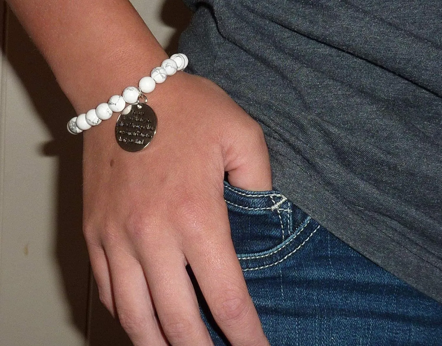 Hidden Hollow Beads Howlite Natural White Stone Women's Stretch Beaded Bracelet, Inspirational Message Charm