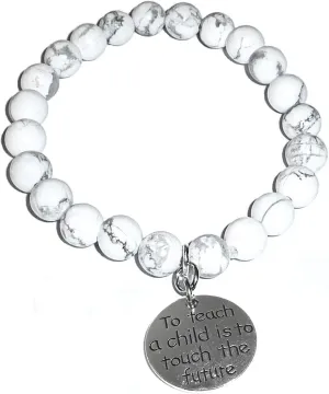 Hidden Hollow Beads Howlite Natural White Stone Women's Stretch Beaded Bracelet, Inspirational Message Charm